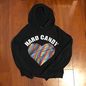 Black cropped hoodie with multi color heart